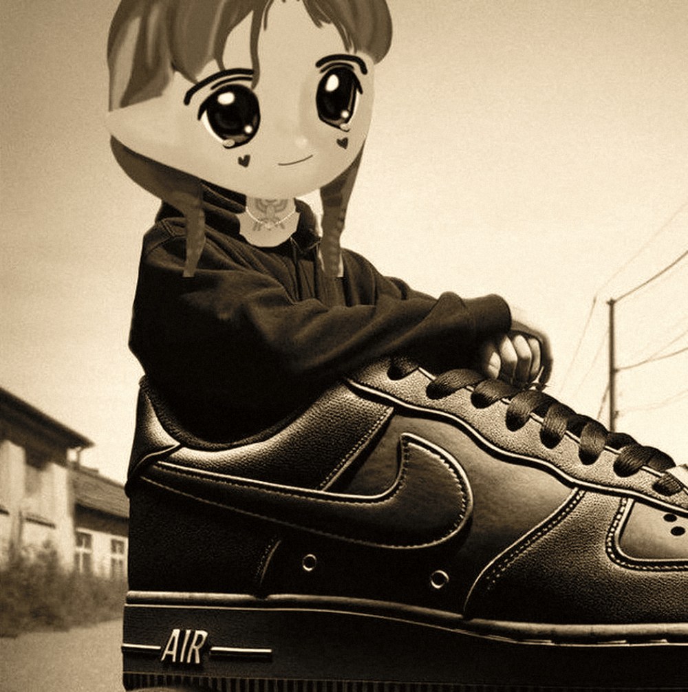 Cartoon kid in a black hoodie leaning on a giant black Air Force 1